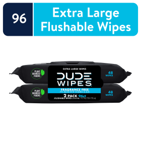 DUDE Wipes Unscented XL Flushable Wipes, 2 Flip-Top Packs, 48 Wipes per Pack, 96 Total Wipes