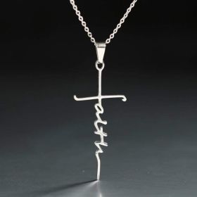 1pc New Stainless Steel Christian Cross Faith Word Church Prayer Religious Pendatn Necklace (Color: Silvery)