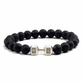 Natural Volcanic Stone Beads Bracelets Black Lava Men Women Bracelet Aromatherapy Essential Oil Diffuser Bangle (Color: Volcanic Rock Silver Dumbbell)