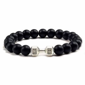 Natural Volcanic Stone Beads Bracelets Black Lava Men Women Bracelet Aromatherapy Essential Oil Diffuser Bangle (Color: Black Matte Silver Dumbbell)